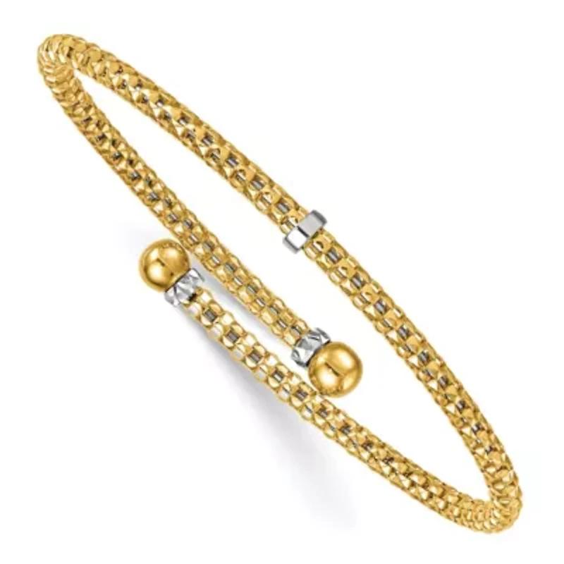 18K Two-tone Polished Diamond-cut Beaded Flexible Bangle Bracelet
