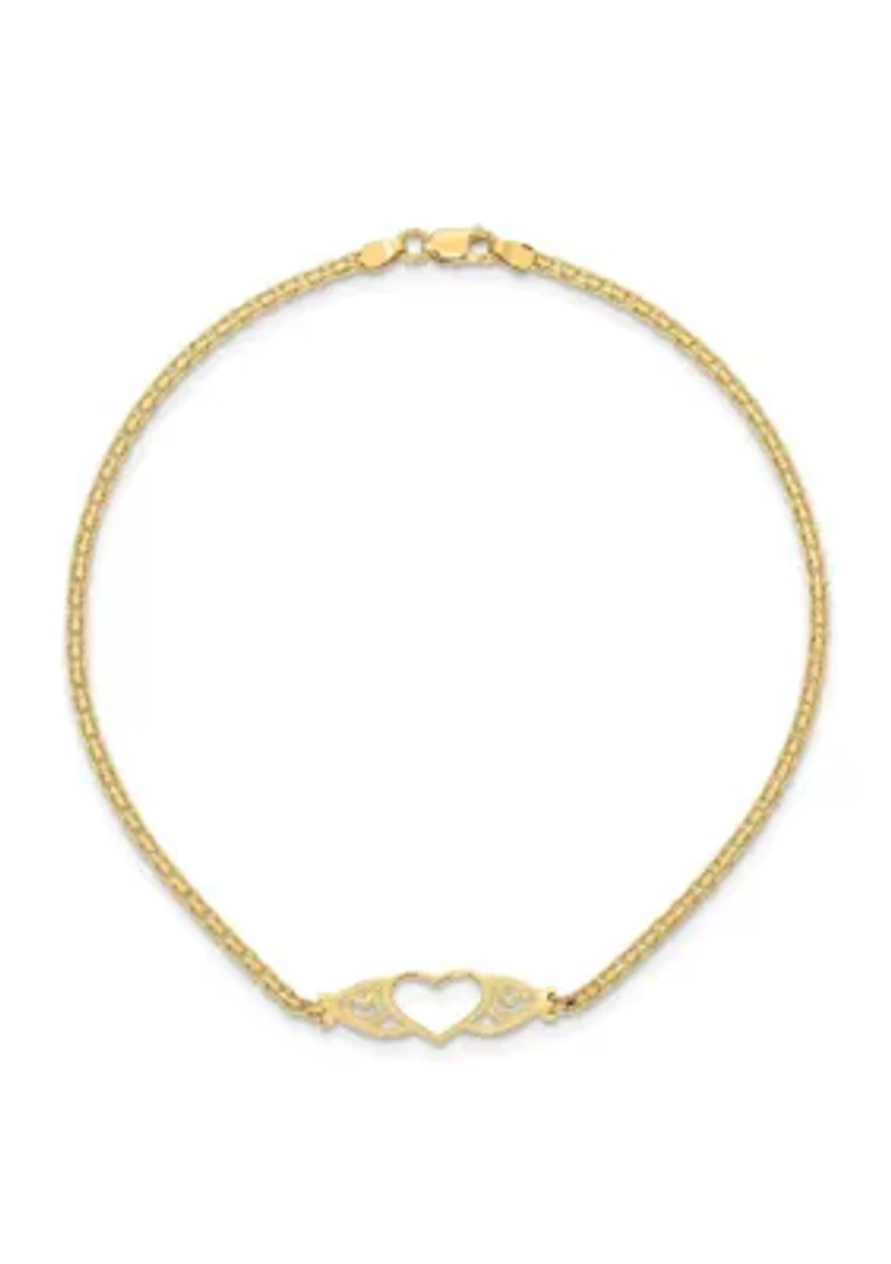 14K Yellow Gold Polished Heart 10 Inch Anklet