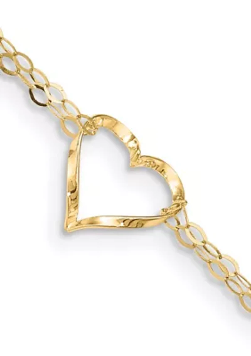 14K Yellow Gold Double Strand Heart 9 Inch with 1 Inch extension Anklet