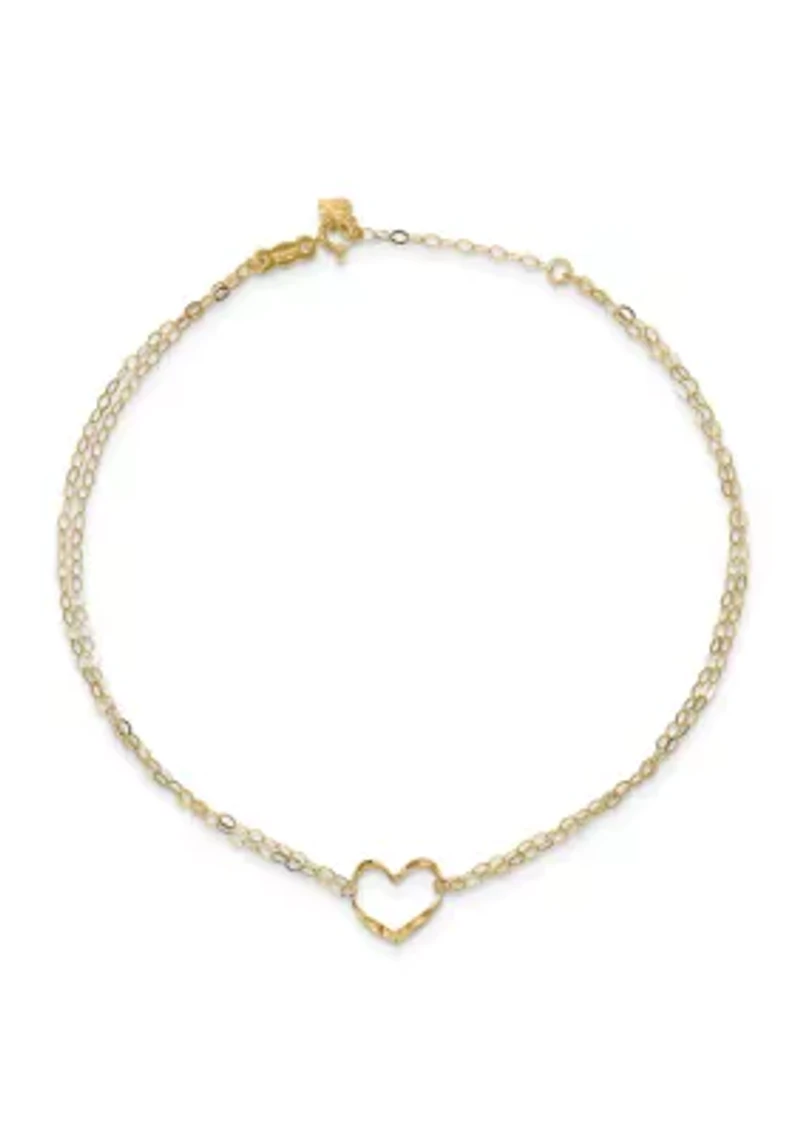 14K Yellow Gold Double Strand Heart 9 Inch with 1 Inch extension Anklet