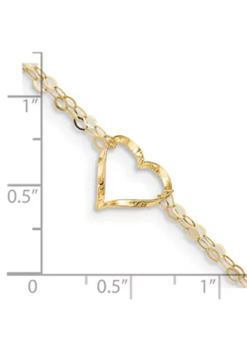 14K Yellow Gold Double Strand Heart 9 Inch with 1 Inch extension Anklet