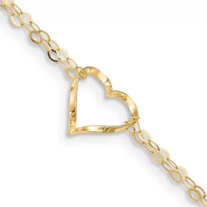 14K Yellow Gold Double Strand Heart 9 Inch with 1 Inch extension Anklet