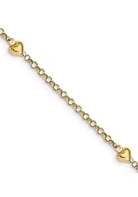 14K Yellow Gold Puff Heart 10 Inch Anklet