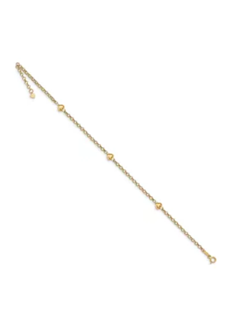 14K Yellow Gold Puff Heart 10 Inch Anklet