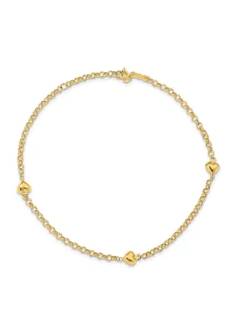 14K Yellow Gold Puff Heart 10 Inch Anklet