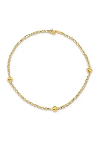 14K Yellow Gold Puff Heart 10 Inch Anklet