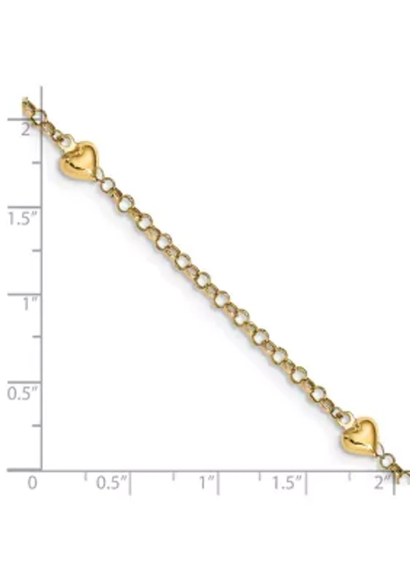 14K Yellow Gold Puff Heart 10 Inch Anklet