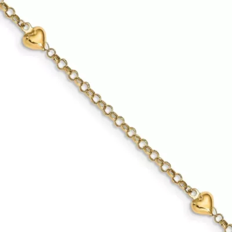 14K Yellow Gold Puff Heart 10 Inch Anklet
