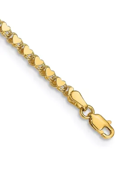 14K Yellow Gold Polished Double Sided Heart 10 Inch Anklet
