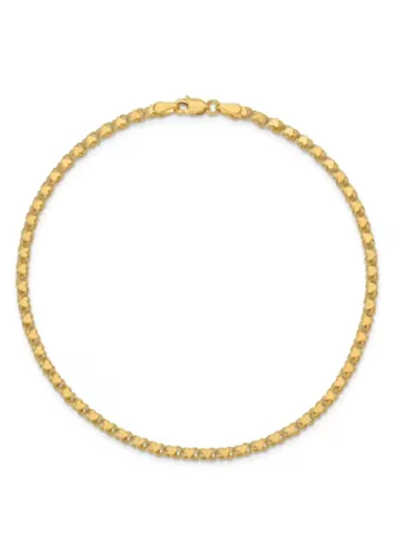 14K Yellow Gold Polished Double Sided Heart 10 Inch Anklet