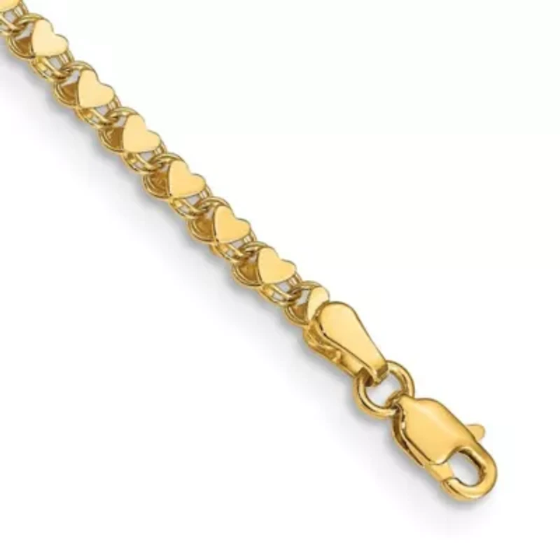 14K Yellow Gold Polished Double Sided Heart 10 Inch Anklet