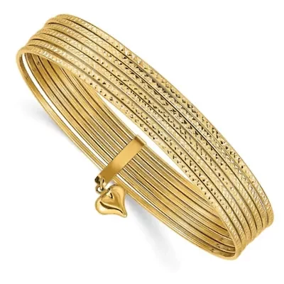 14K Yellow Gold Dangle Heart Set of 7 Slip-on Textured Bangles