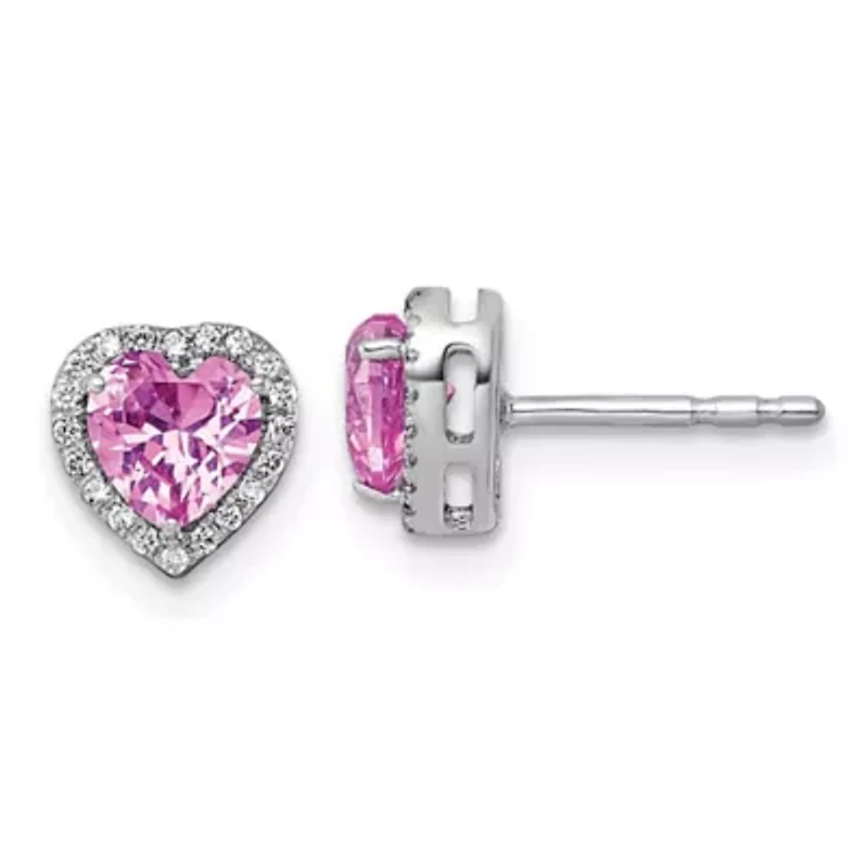 Lab Created 7/8 ct. t.w. Pink Sapphire and 1/8 ct. t.w. Lab Grown Diamond VS+ F+ Heart Halo Earrings in 14K White Gold
