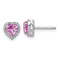 Lab Created 7/8 ct. t.w. Pink Sapphire and 1/8 ct. t.w. Lab Grown Diamond VS+ F+ Heart Halo Earrings in 14K White Gold