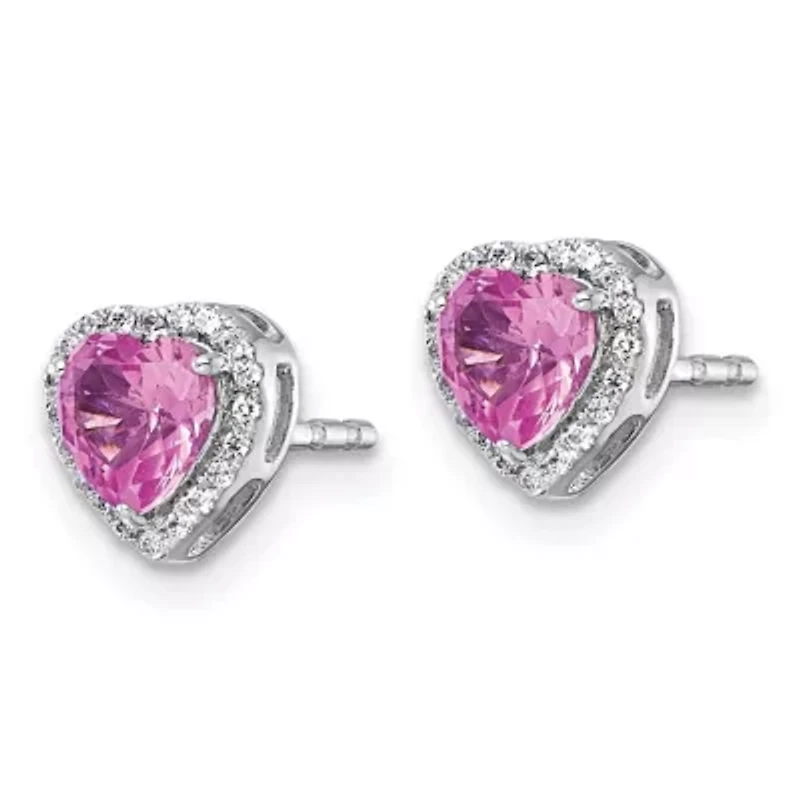 Lab Created 7/8 ct. t.w. Pink Sapphire and 1/8 ct. t.w. Lab Grown Diamond VS+ F+ Heart Halo Earrings in 14K White Gold