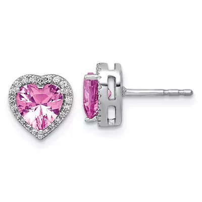 Lab Created / ct. t.w. Pink Sapphire and 1/ ct. t.w. Lab Grown Diamond VS+ F+ Heart Halo Earrings in 14K White Gold