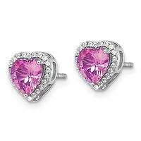 Lab Created / ct. t.w. Pink Sapphire and 1/ ct. t.w. Lab Grown Diamond VS+ F+ Heart Halo Earrings in 14K White Gold
