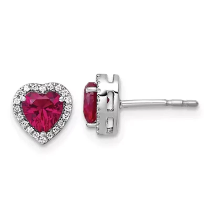Lab Created 1.15 ct. t.w. Ruby and 1/8 ct. t.w. Lab Grown Diamond VS+ F+ Heart Halo Earrings in 14K White Gold