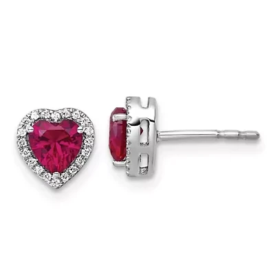 Lab Created 1.15 ct. t.w. Ruby and 1/8 ct. t.w. Lab Grown Diamond VS+ F+ Heart Halo Earrings in 14K White Gold