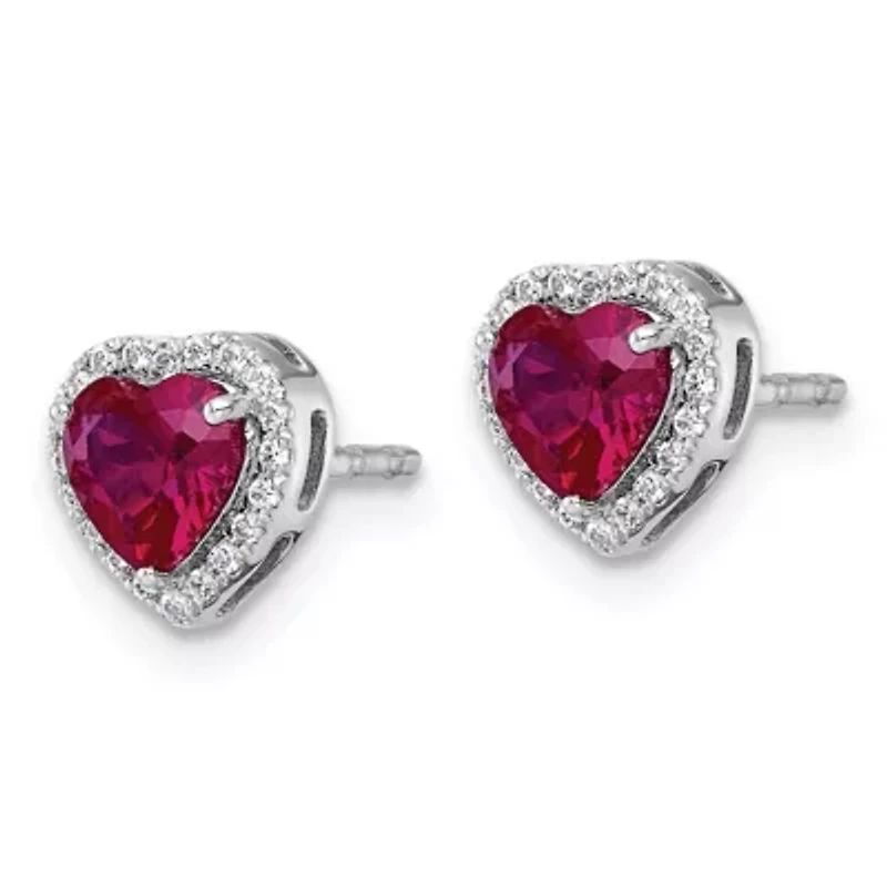 Lab Created 1.15 ct. t.w. Ruby and 1/8 ct. t.w. Lab Grown Diamond VS+ F+ Heart Halo Earrings in 14K White Gold