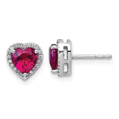 Lab Created 1/2 ct. t.w. Ruby and 1/6 ct. t.w. Lab Grown Diamond VS+ F+ Heart Halo Earrings in 14K White Gold