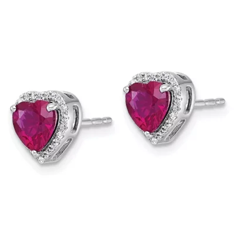 Lab Created 1/2 ct. t.w. Ruby and 1/6 ct. t.w. Lab Grown Diamond VS+ F+ Heart Halo Earrings in 14K White Gold