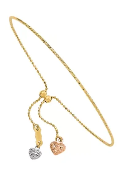 14K Tri Color Diamond Cut Heart Adjustable Bracelet