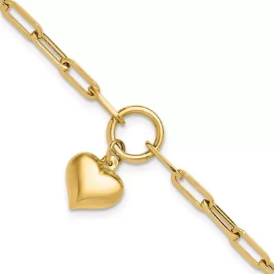 14K Yellow Gold Polished Puff Heart Paper Clip Link Bracelet