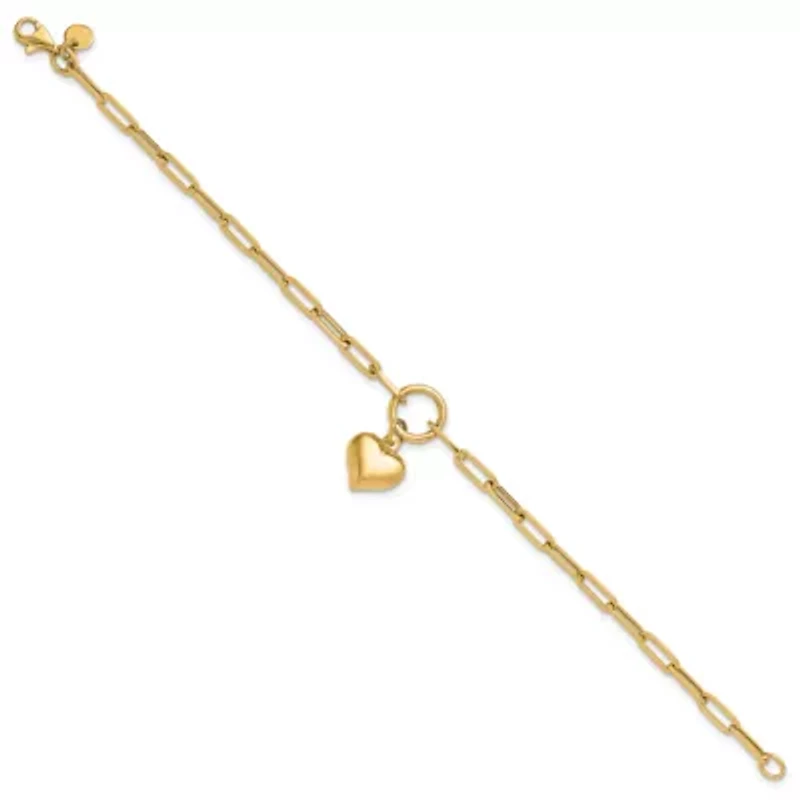 14K Yellow Gold Polished Puff Heart Paper Clip Link Bracelet