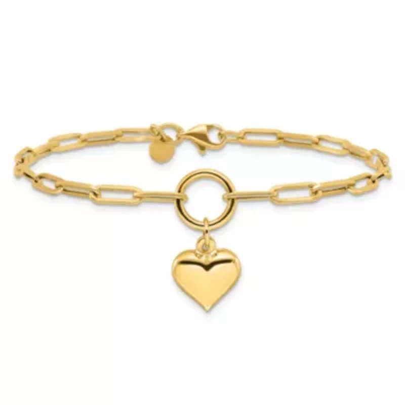 14K Yellow Gold Polished Puff Heart Paper Clip Link Bracelet