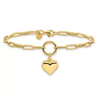 14K Yellow Gold Polished Puff Heart Paper Clip Link Bracelet
