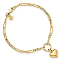 14K Yellow Gold Polished Puff Heart Paper Clip Link Bracelet