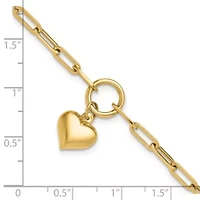14K Yellow Gold Polished Puff Heart Paper Clip Link Bracelet