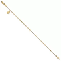 14K Yellow Gold Polished and Diamond-cut Miraculous Medal and Cross Rosary Design Bracelet