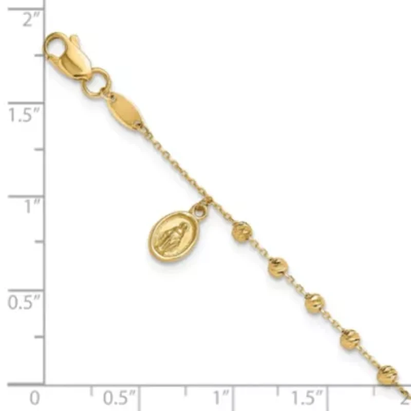 14K Yellow Gold Polished and Diamond-cut Miraculous Medal and Cross Rosary Design Bracelet