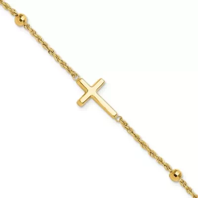 14K Yellow Gold Diamond-cut Beaded Cross 7.5-inch Bracelet