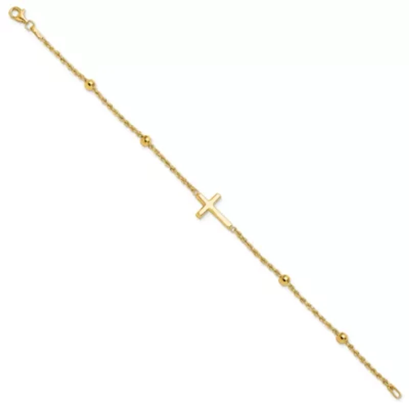 14K Yellow Gold Diamond-cut Beaded Cross 7.5-inch Bracelet