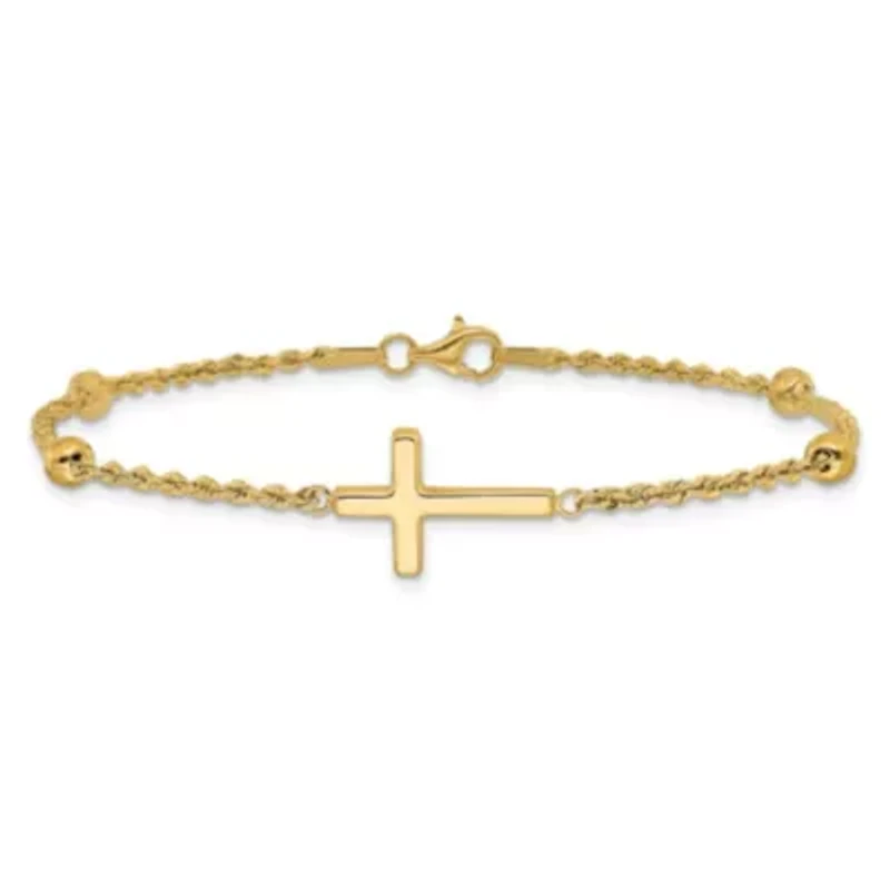 14K Yellow Gold Diamond-cut Beaded Cross 7.5-inch Bracelet