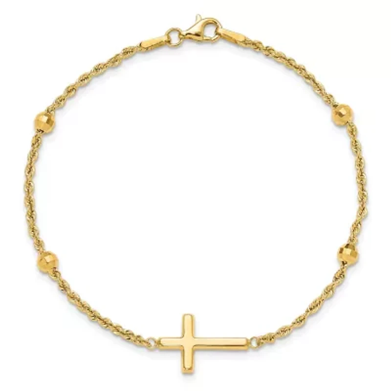14K Yellow Gold Diamond-cut Beaded Cross 7.5-inch Bracelet