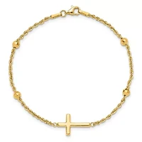 14K Yellow Gold Diamond-cut Beaded Cross 7.5-inch Bracelet