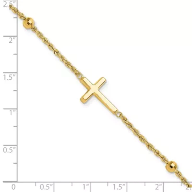 14K Yellow Gold Diamond-cut Beaded Cross 7.5-inch Bracelet
