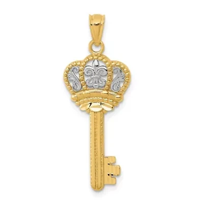 14K Yellow Gold with White Rhodium Polished Fleur De Lis Crown Key Charm