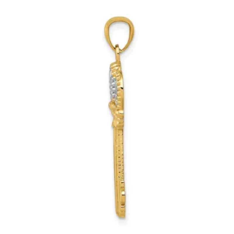 14K Yellow Gold with White Rhodium Polished Fleur De Lis Crown Key Charm