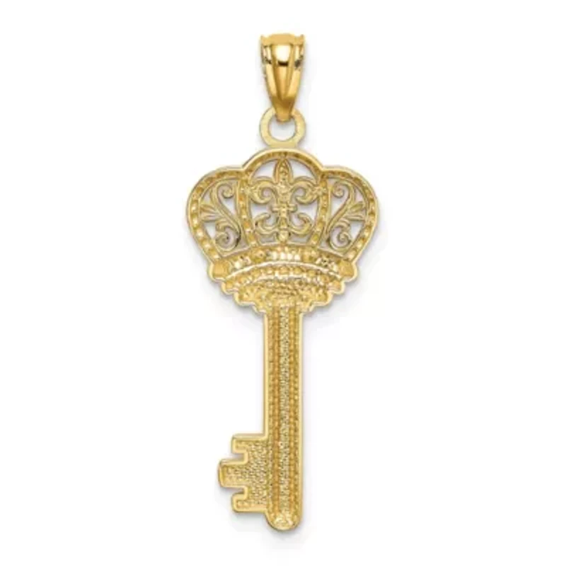 14K Yellow Gold with White Rhodium Polished Fleur De Lis Crown Key Charm