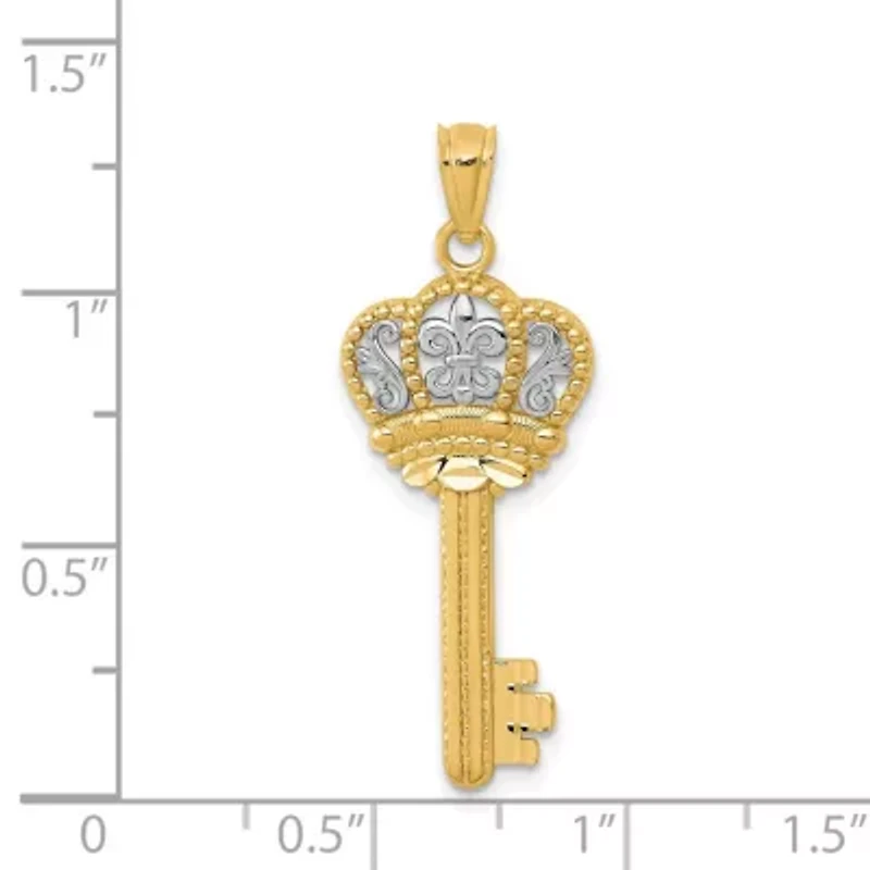 14K Yellow Gold with White Rhodium Polished Fleur De Lis Crown Key Charm