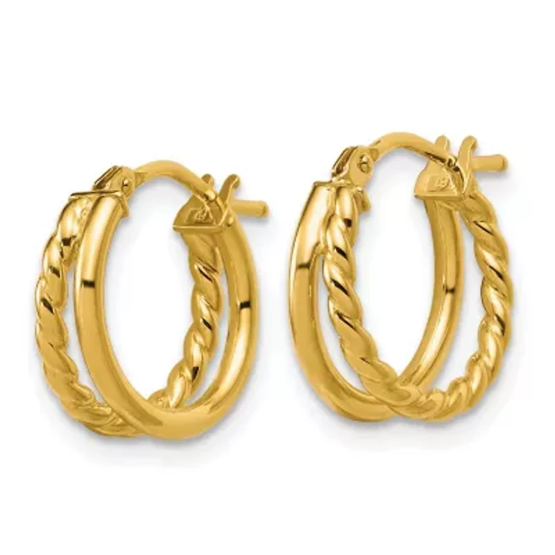 14K Yellow Gold Polished and Twisted 2-row J-Hoop Earrings