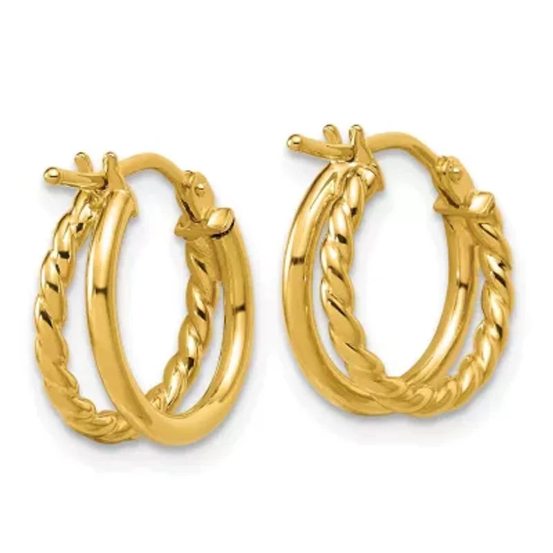 14K Yellow Gold Polished and Twisted 2-row J-Hoop Earrings
