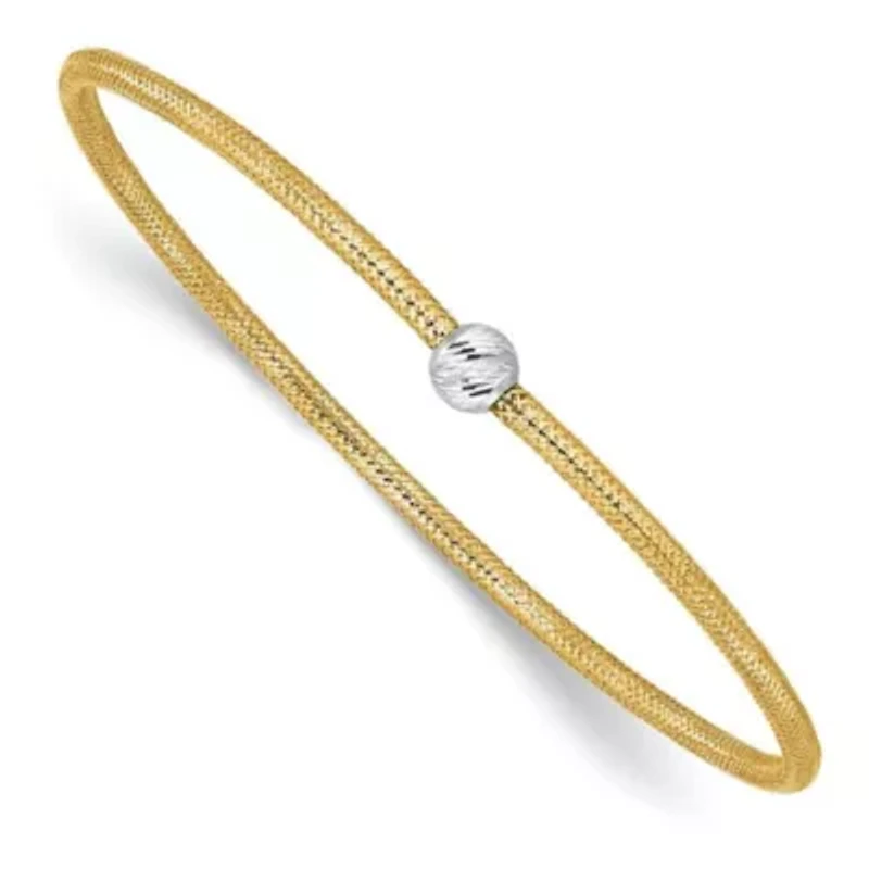 14K Two Tone Polished with Diamond Cut Bead Stretch Bracelet