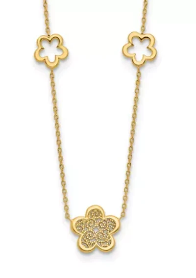 14K Yellow Gold Polished and Filigree Flower Stations with 1 Inch Extension Necklace