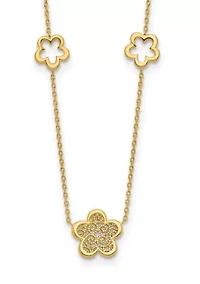 14K Yellow Gold Polished and Filigree Flower Stations with 1 Inch Extension Necklace
